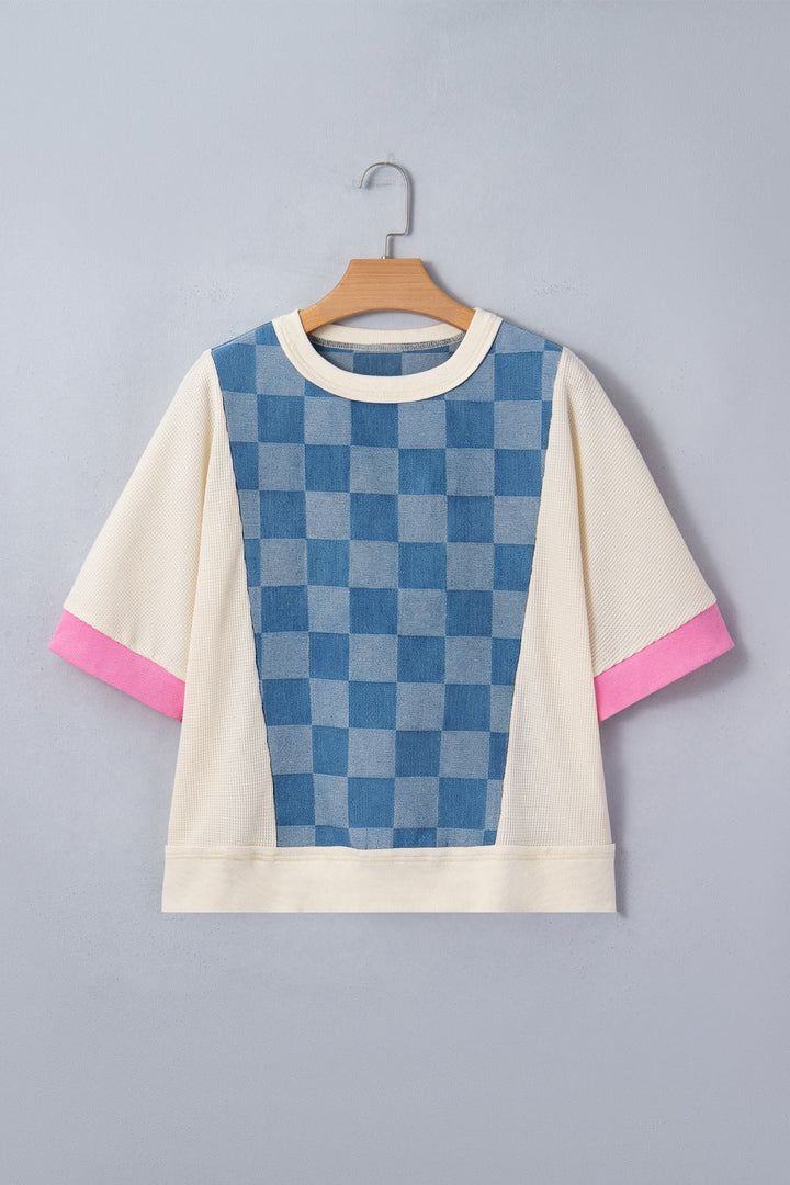 Checkered Denim Patchwork Short Sleeve Loose Top