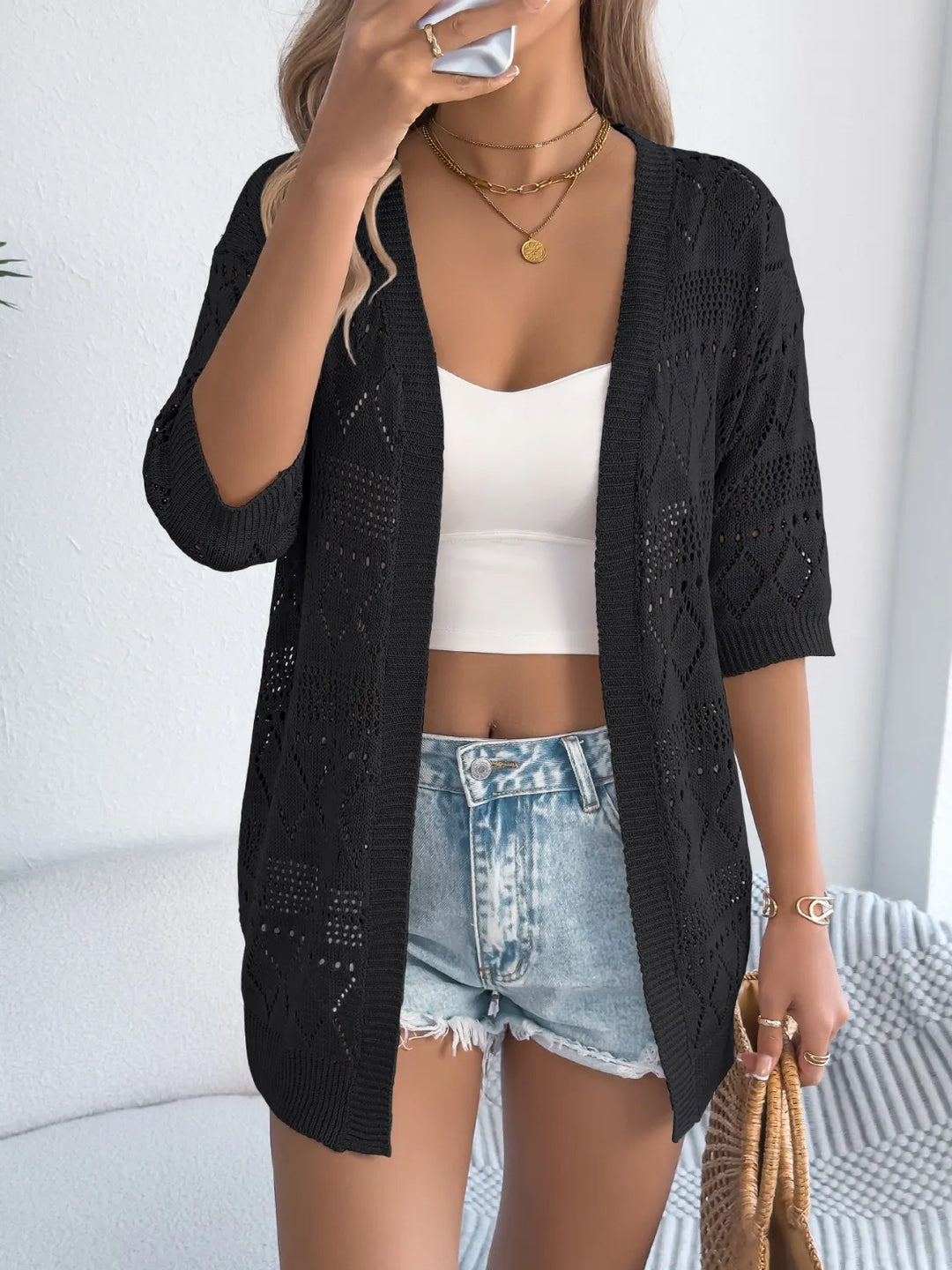 Openwork Open Front Half Sleeve Cardigan
