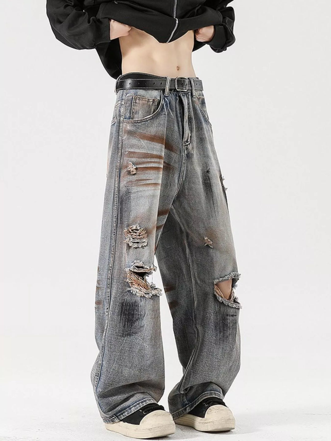 Men's Full Size Distressed Wide Leg Jeans Plus Size