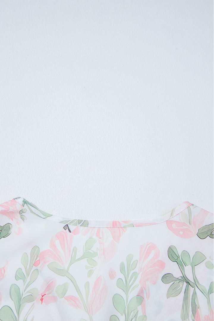 Pink Floral Puff Sleeve V Neck Tied Front Peplum Blouse