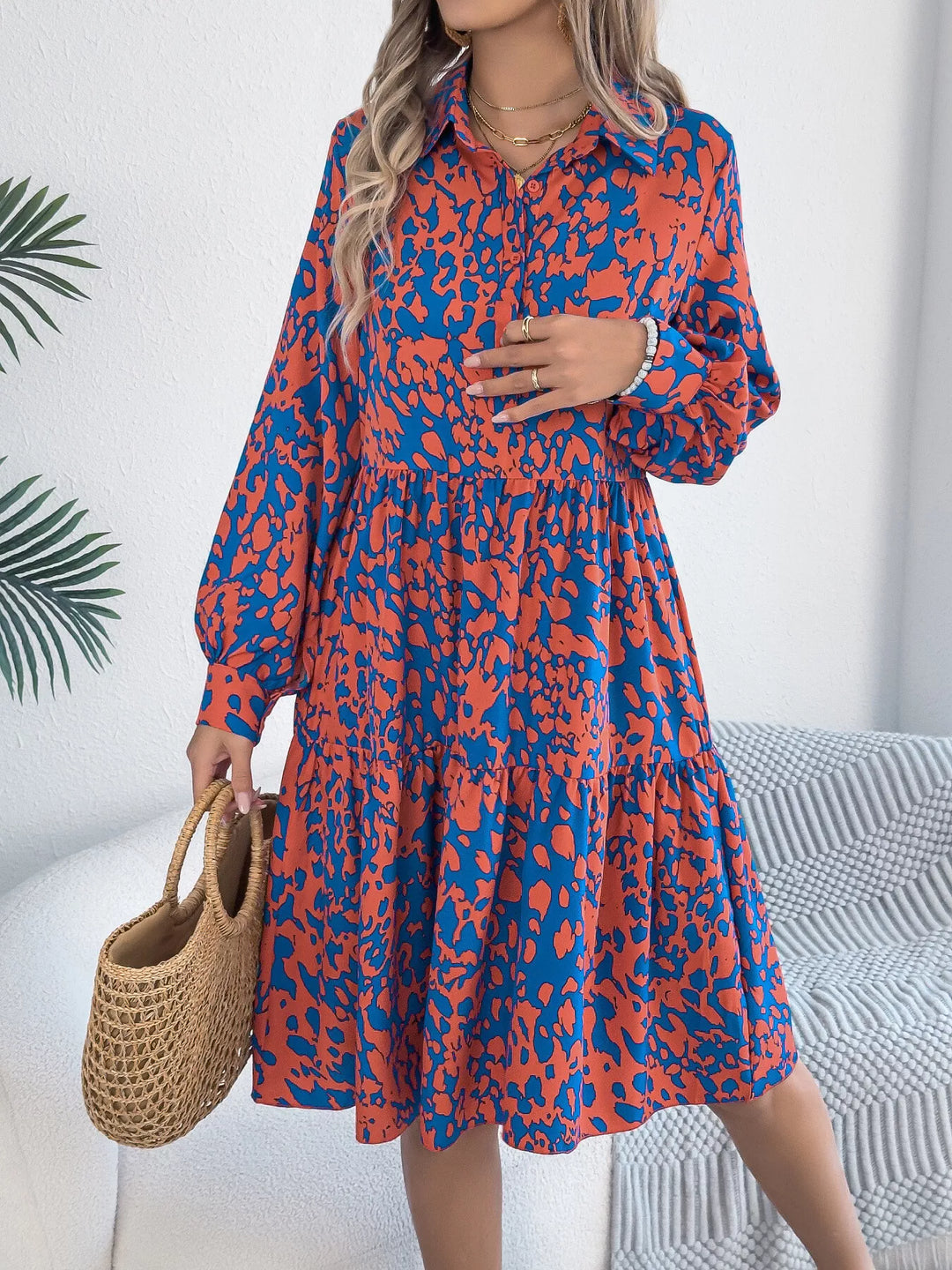 Printed Collared Neck Long Sleeve Dress