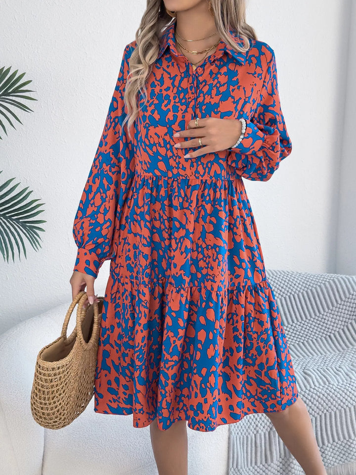 Printed Collared Neck Long Sleeve Dress