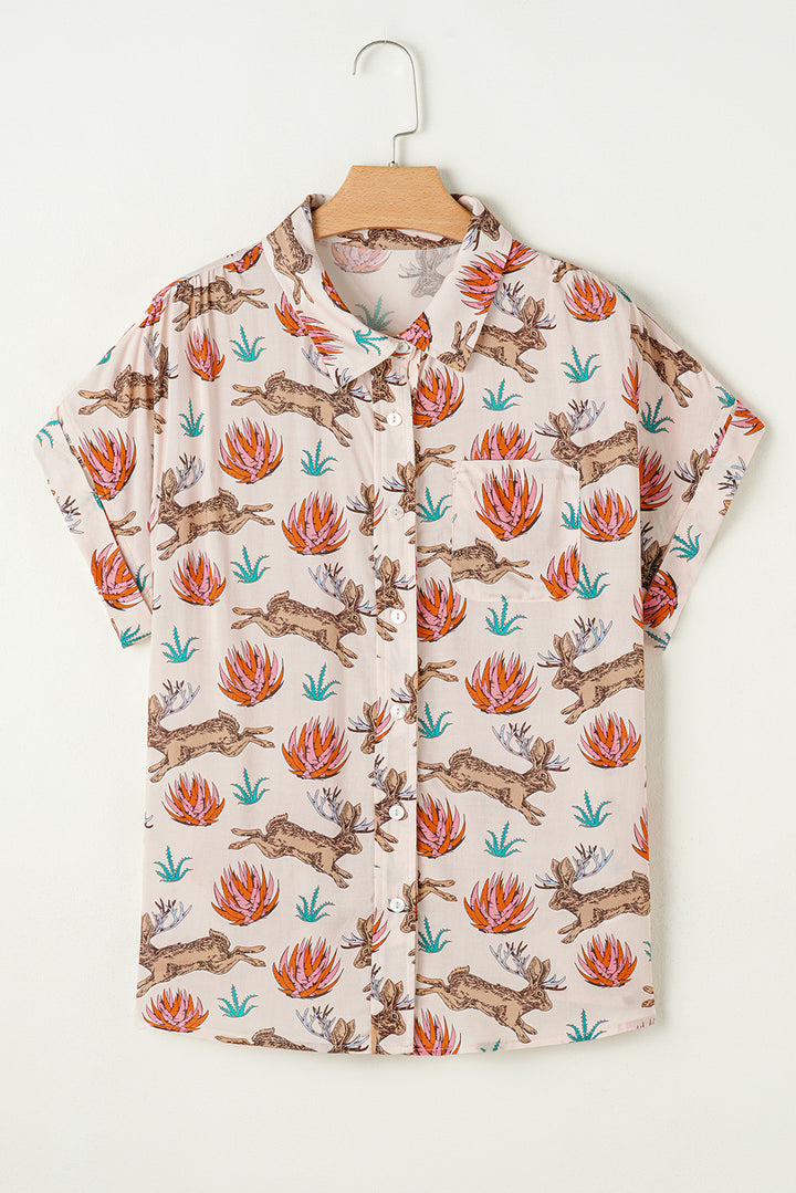Chemise boutonnée à manches courtes et imprimé western kaki grande taille