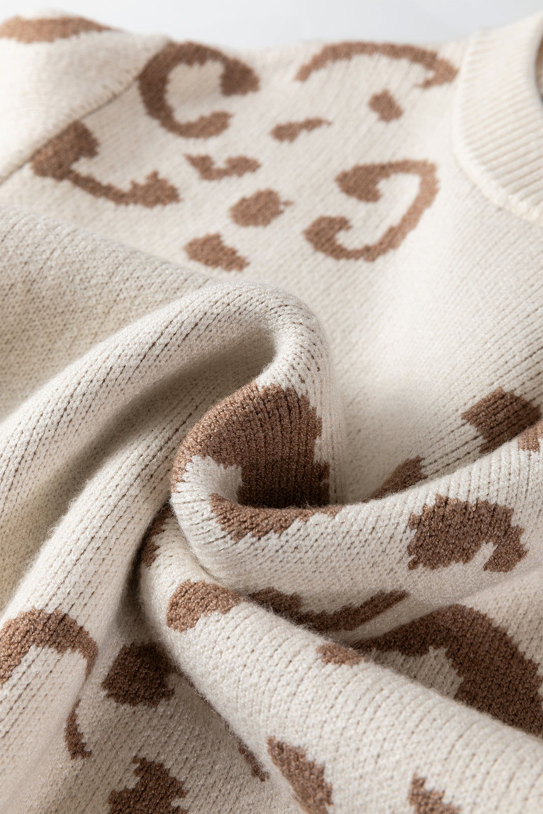 Beige Asymmetric Leopard Print Detail Drop Shoulder Sweater