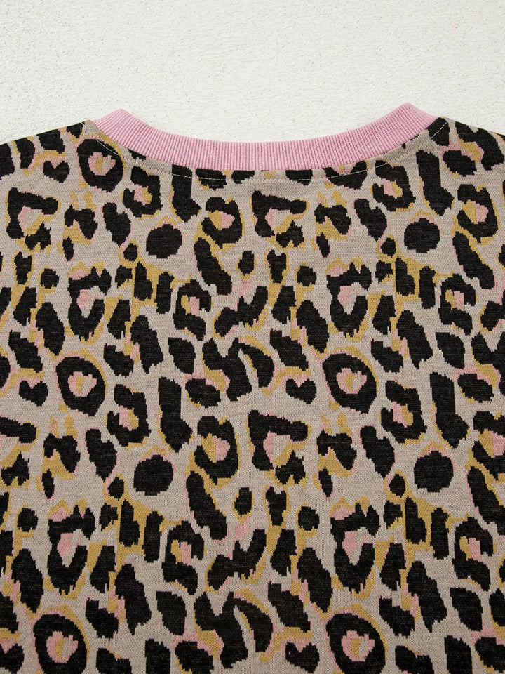Leopard Print Contrast Edge Long Sleeve Pullover Shorts Set