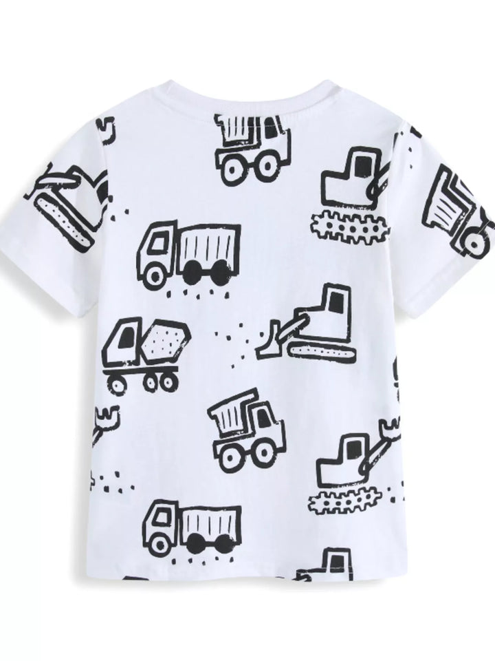 Children's Construction Vehicle Print Crew Neck Short Sleeve T-Shirt