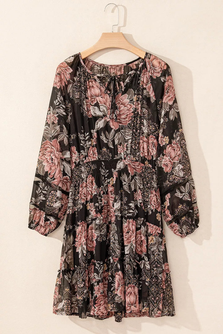 Floral Print Tie Neck Mini Dress