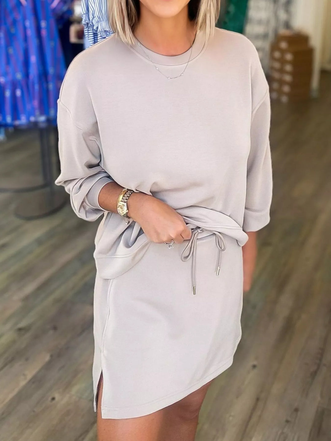 Solid Color Drop Shoulder Pullover and Drawstring Mini Skirt 2pcs Outfit