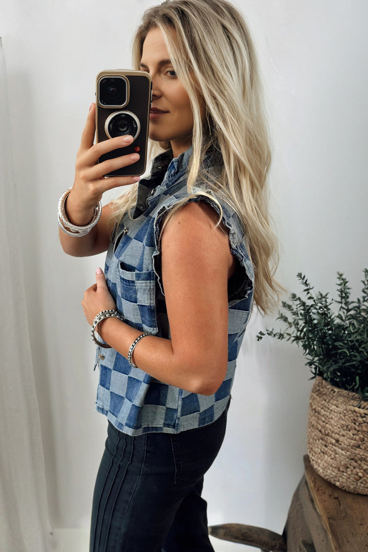 Beau Blue Checkered Ruffle Trim Button Down Denim Vest