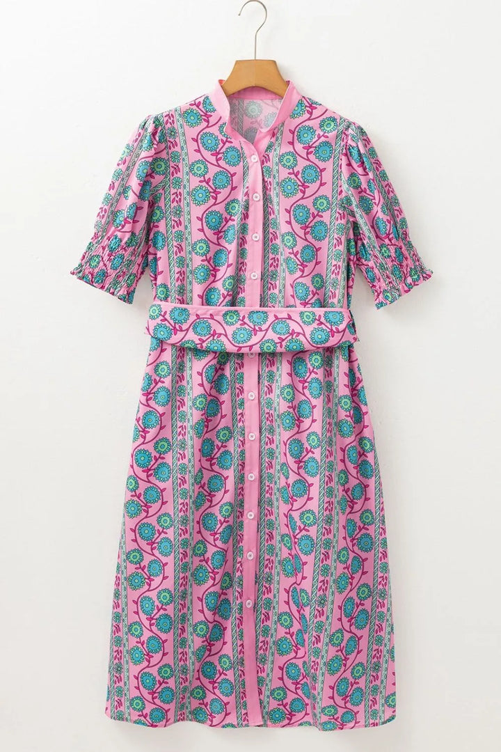 Printed Shirred Sleeve Buttoned Front Midi Dress with Sash