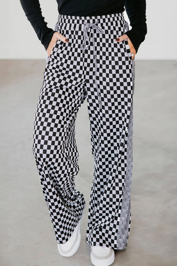 White Checkerboard Drawstring Waist Casual Pants