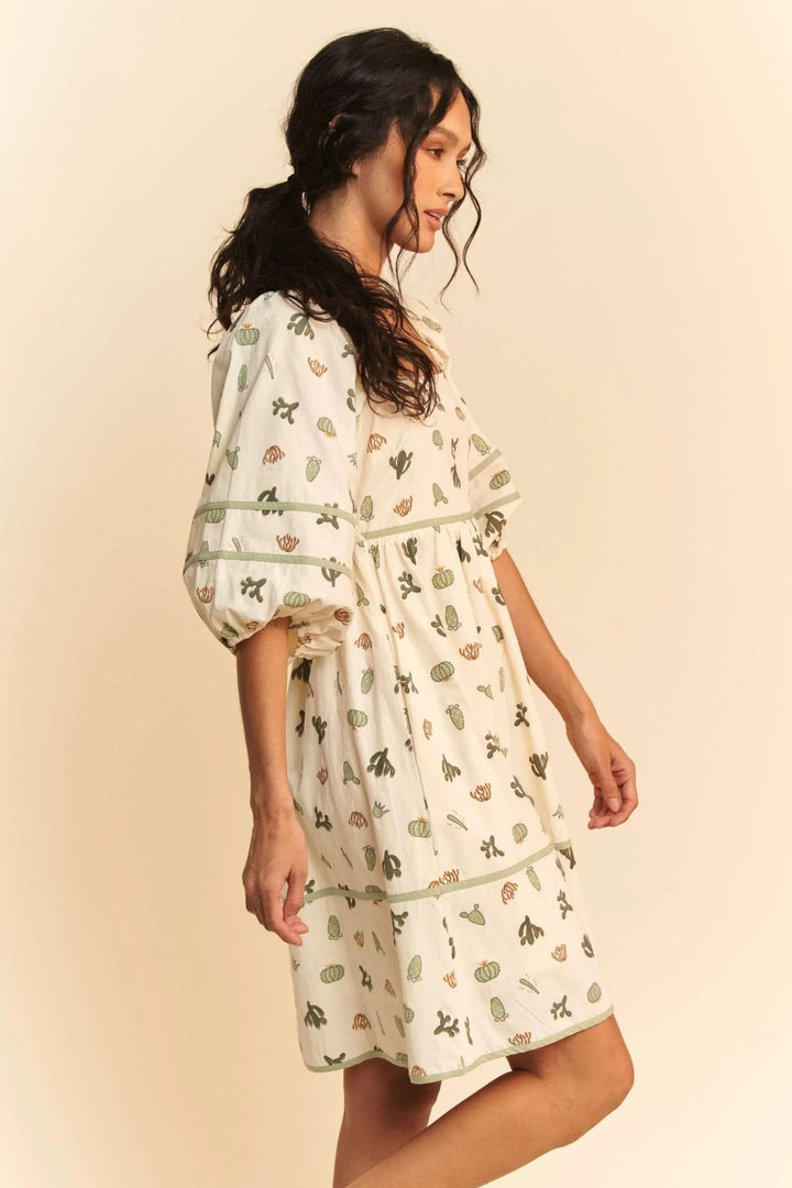 Davi & Dani Cactus Printed Poplin Contrast Piping Mini Dress