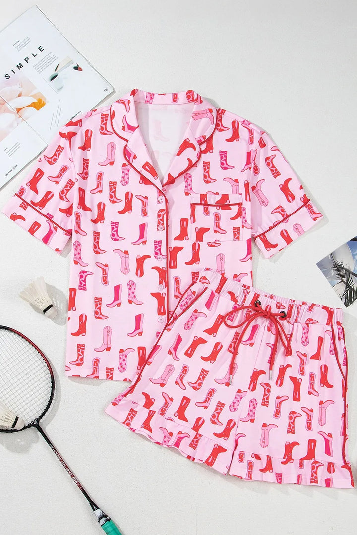 Cowgirl Boots Printed Shirt and Shorts Set