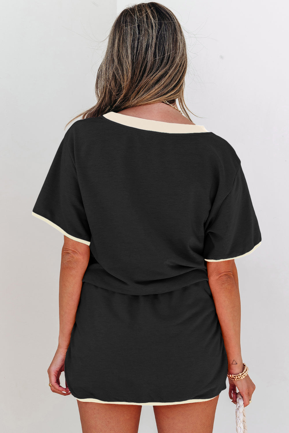 Black Sequin Rugby Football Bow Patched Colorblock Edge Tee and Skort Set
