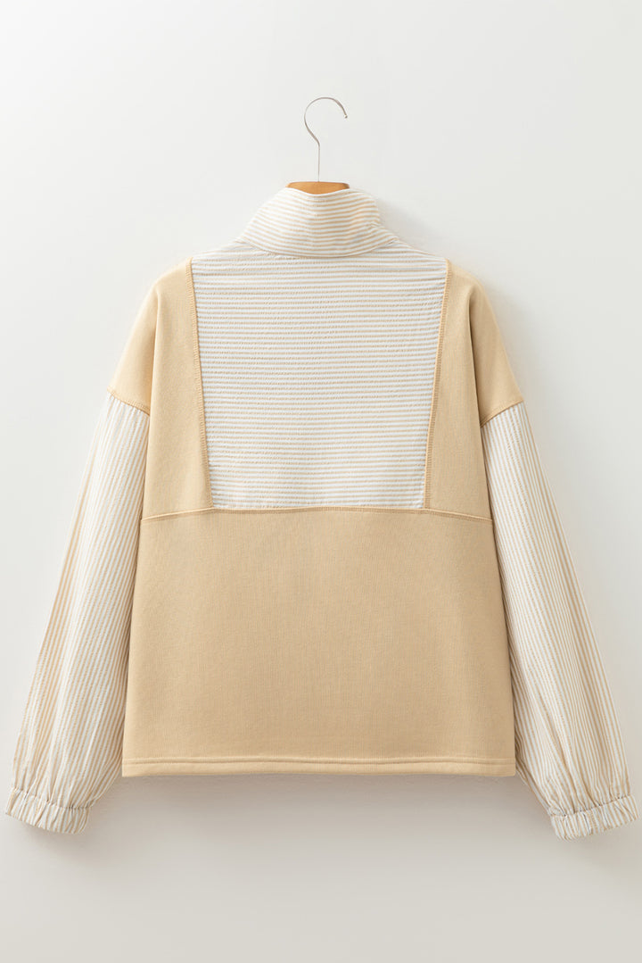 Smoke Gray Quarter Zip Striped Patchwork Drop Shoulder Loose Long Sleeve Top