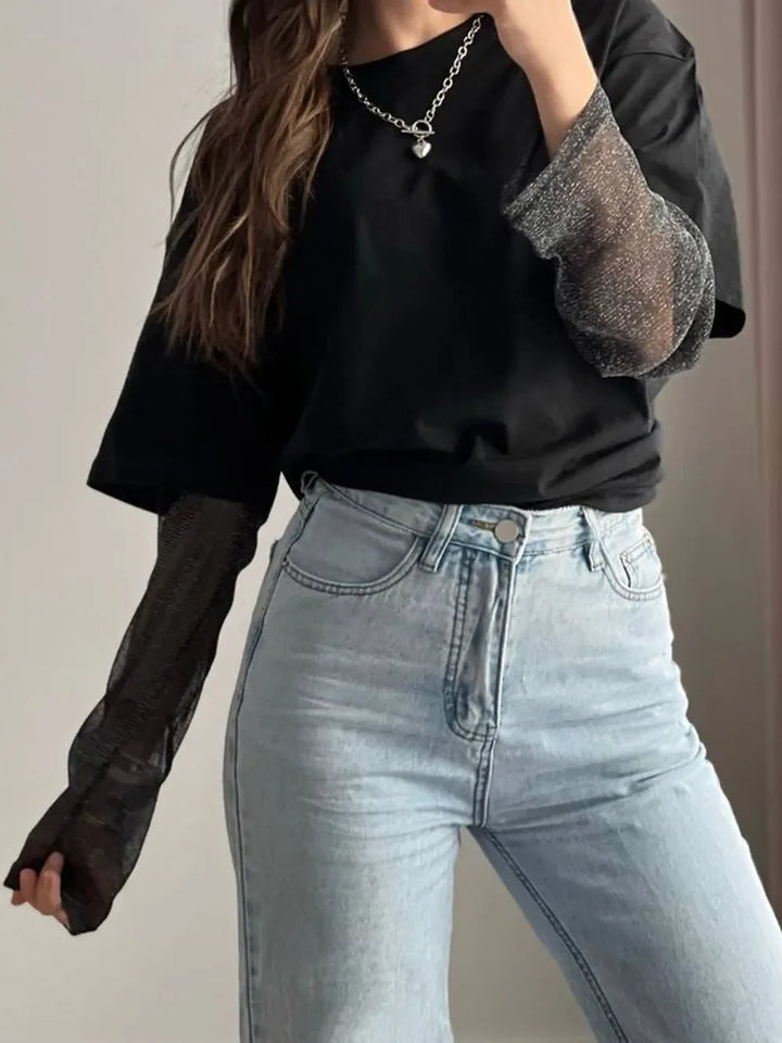 Faux Layered Round Neck Mesh Sleeve Top