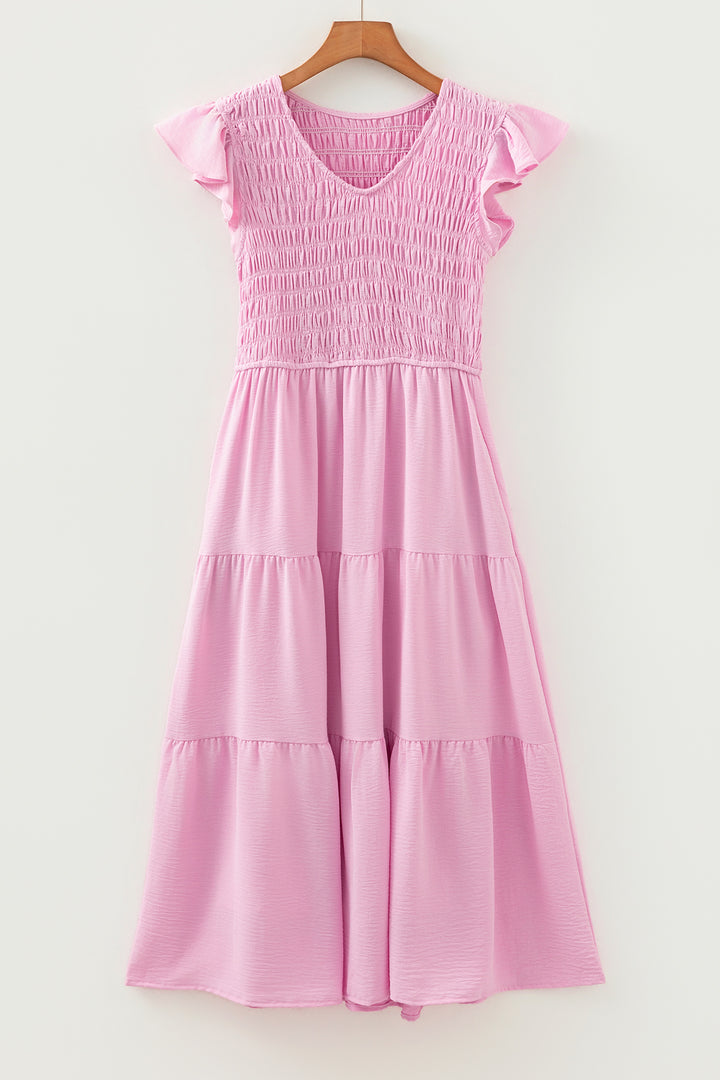 Pink Smocked Bodice Flutter Sleeve Fit Flare Tiered Midi Dress