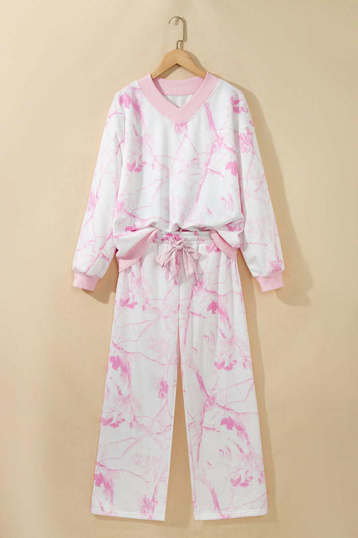 Pink Abstract Plant Print Long Sleeve V Neck Pant Set