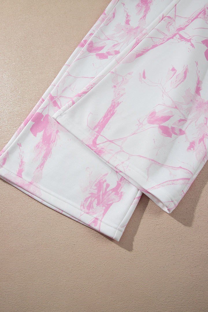 Pink Abstract Plant Print Long Sleeve V Neck Pant Set