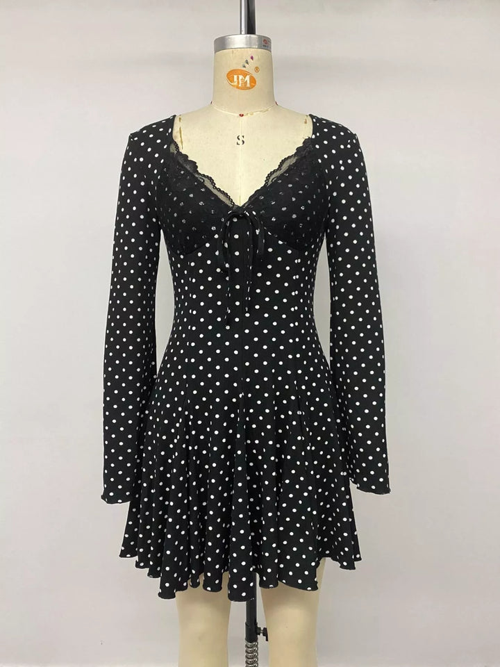 Polka Dot Lace Trimmed V-Neck Mini Dress