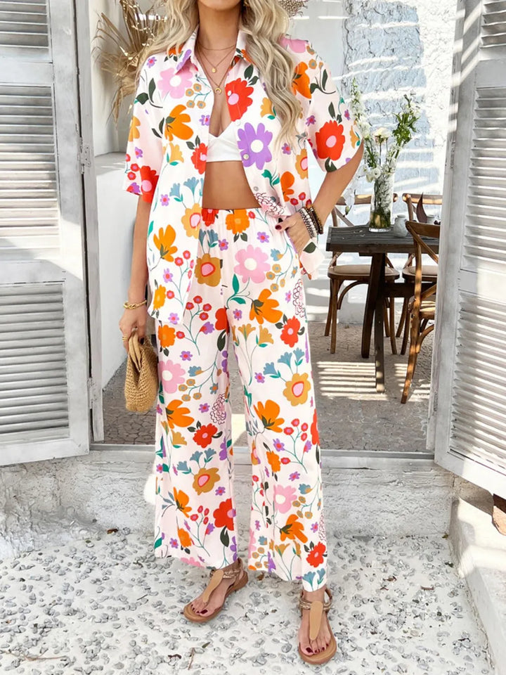 Devine Printed Button Down Shirt and Pants Set