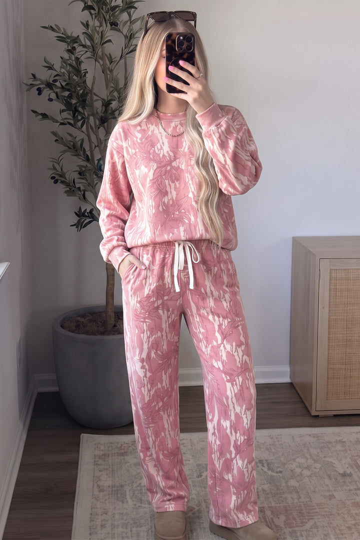 Pink Abstract Floral Print Loose Pullover Drawstring Pants 2pcs Set