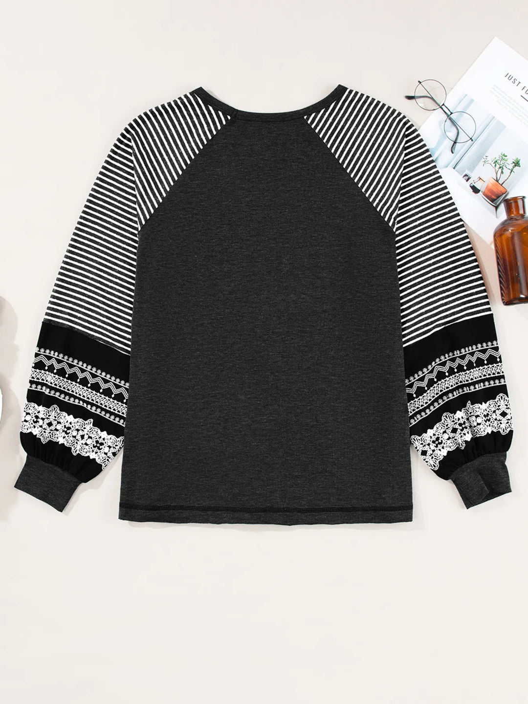 Contrast Print Striped Raglan Long Sleeve Loose Top