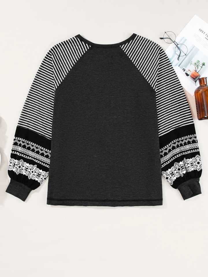 Contrast Print Striped Raglan Long Sleeve Loose Top
