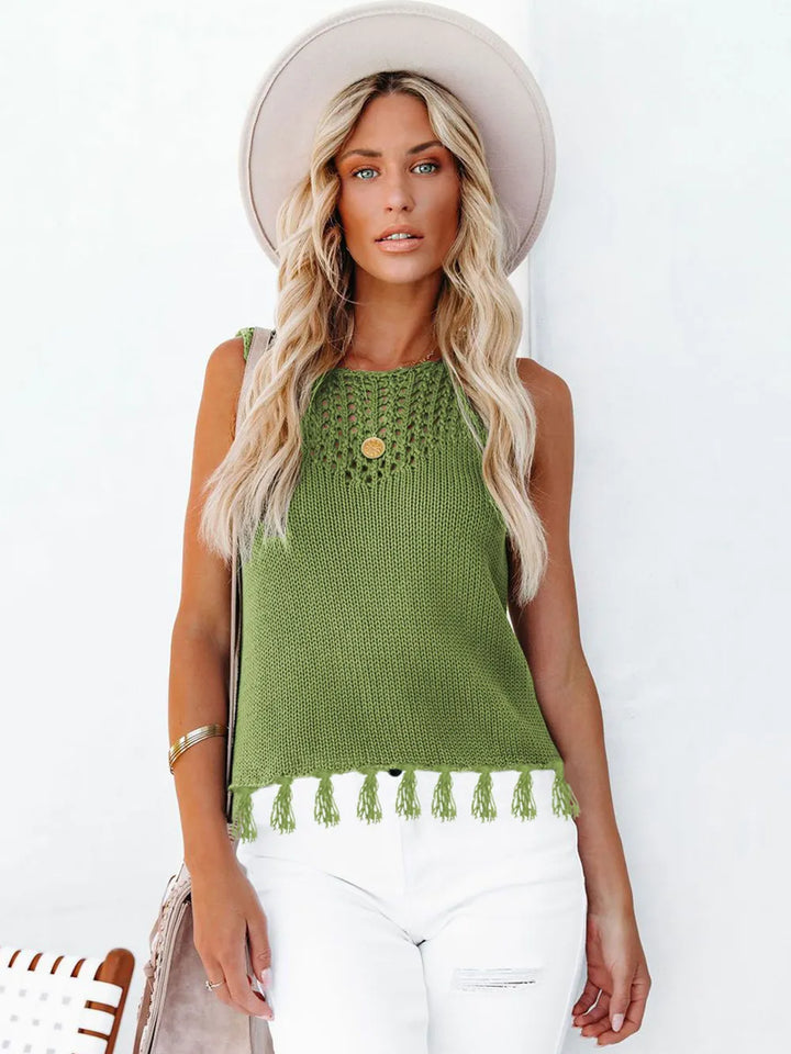 Cutout Tassel Round Neck Tank