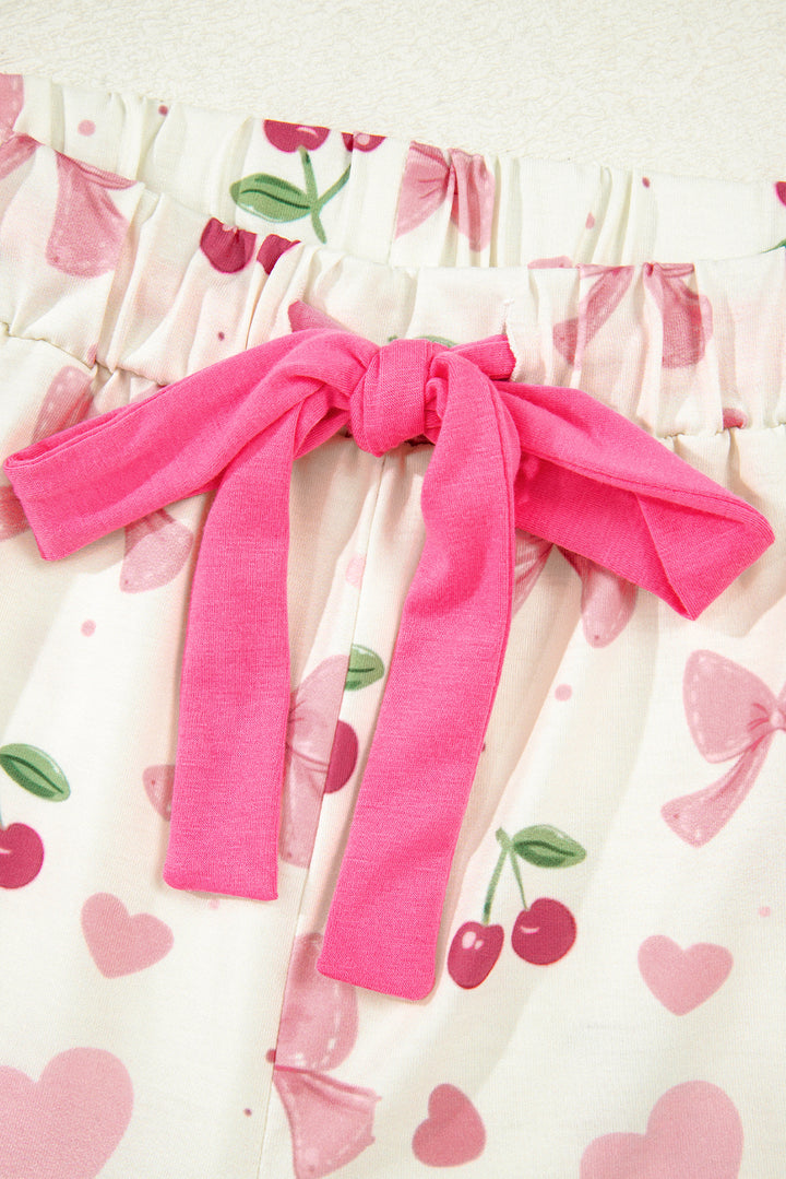 Beige Bow Fruit Print Contrast Pipping Short Pajamas Set