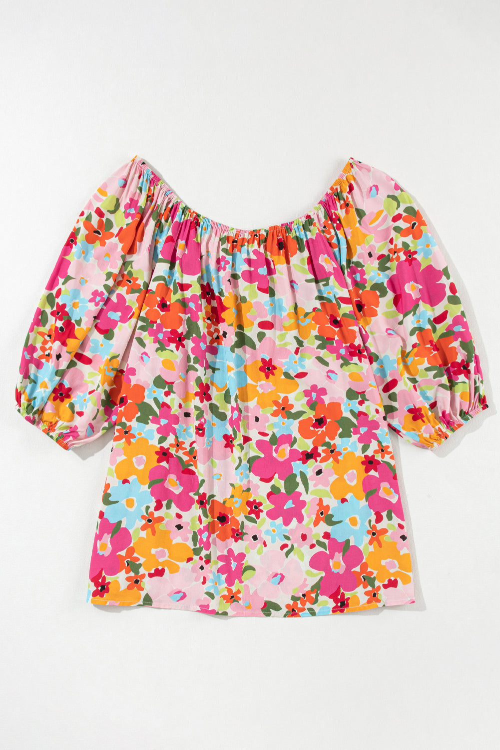 Red Floral Print Puff Sleeve Pleated Elastic Neckline Blouse