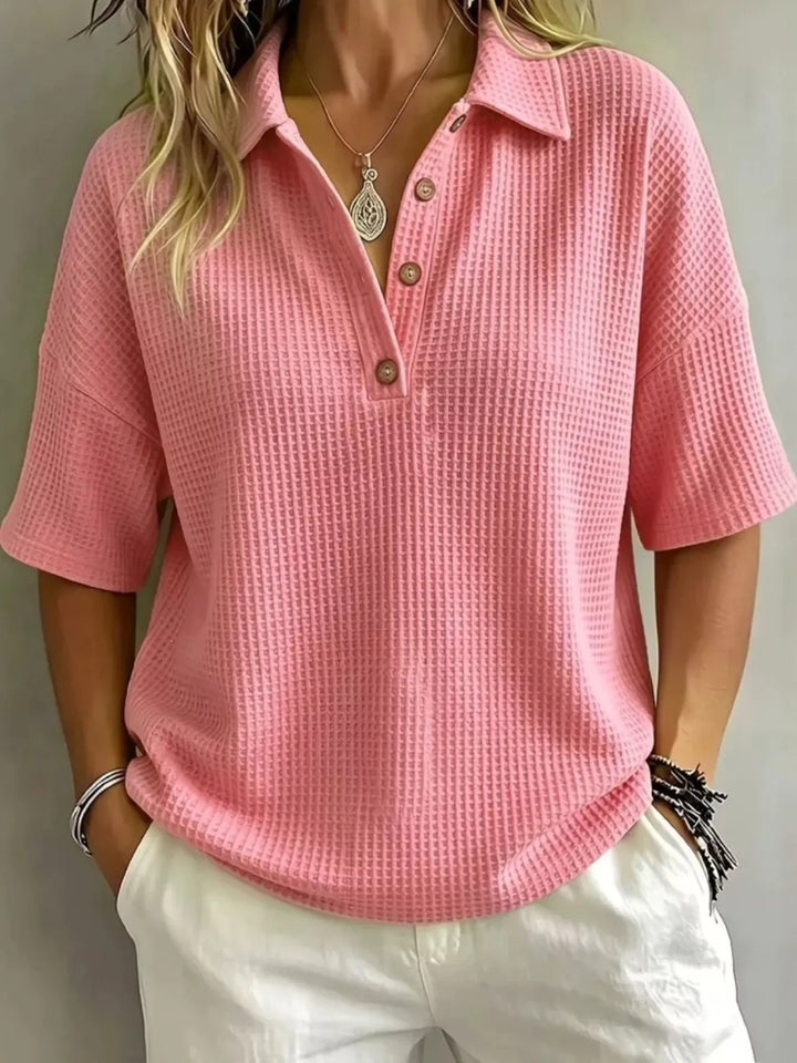 Full Size Waffle Knit Polo Top with Button Detail Plus Size