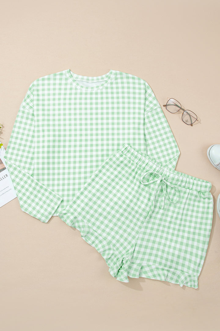 Green Gingham Long Sleeve Loose Top Drawstring Shorts 2pcs Lounge Set