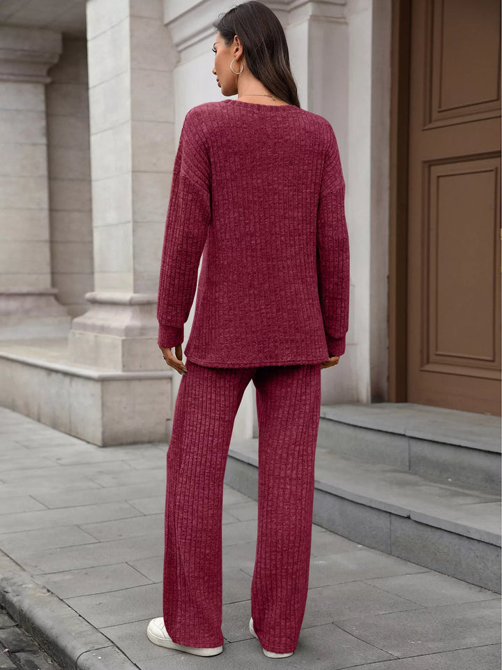 Ribbed Round Neck Top and Pants Set