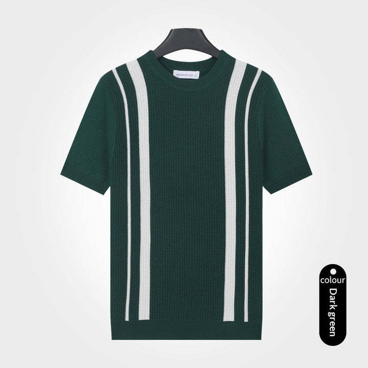 Mens Ice-Silk Cool-Feel Striped Crew-Neck Knitted Top