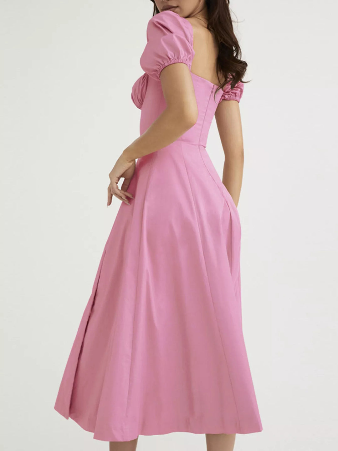 Puff Sleeve Tie Front Slit Midi Dress