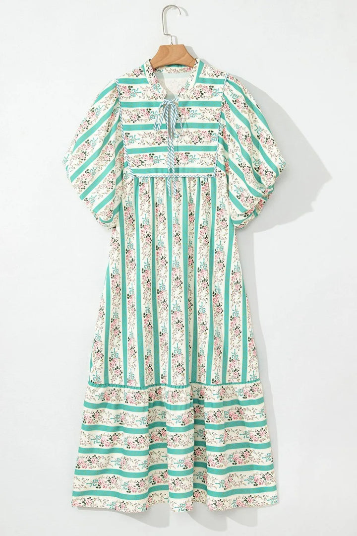 Striped Floral Print Tie Neck Puff Sleeve Midi Dress