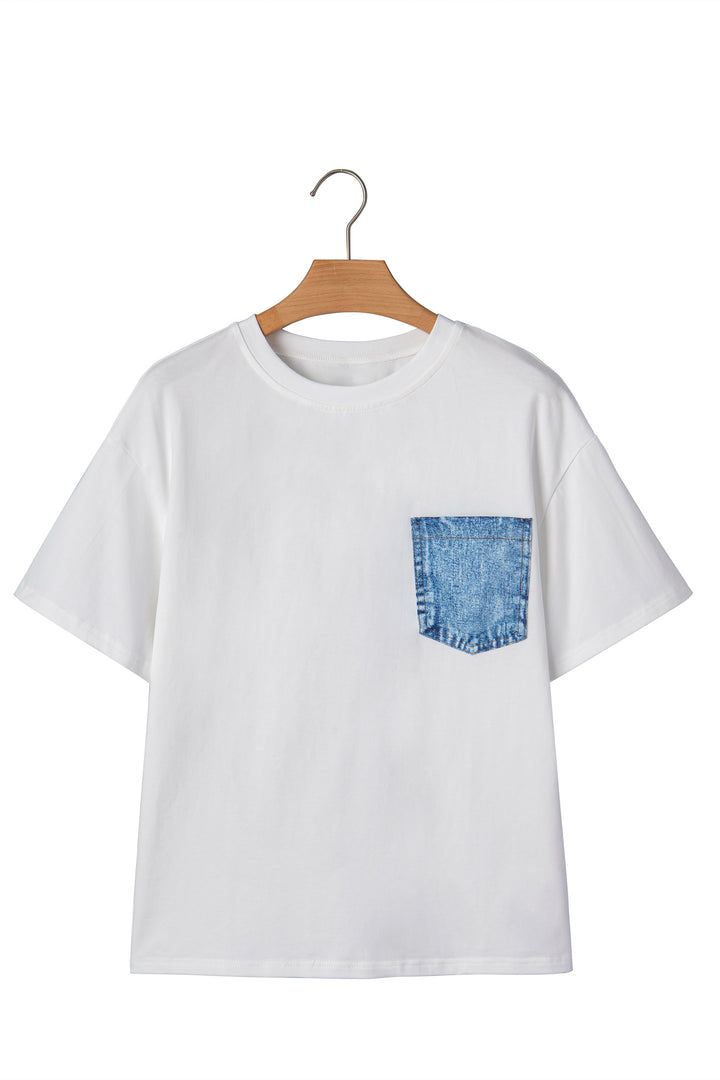 White Color Block Chest Pocket Patched Casual Short Sleeve Top