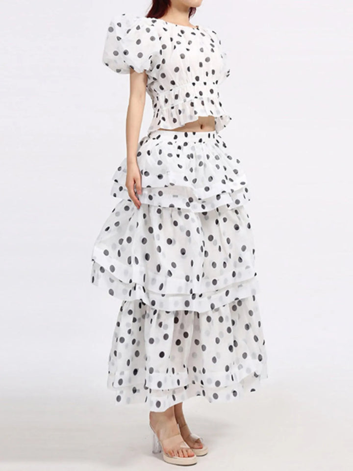 Polka Dot Puff Sleeve Top and Skirt Set