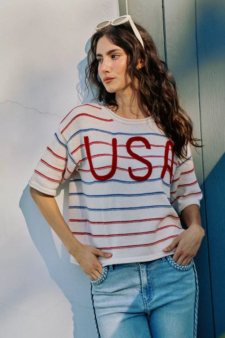 SO ME Usa Stripe Knit Short Sleeves Sweater Top