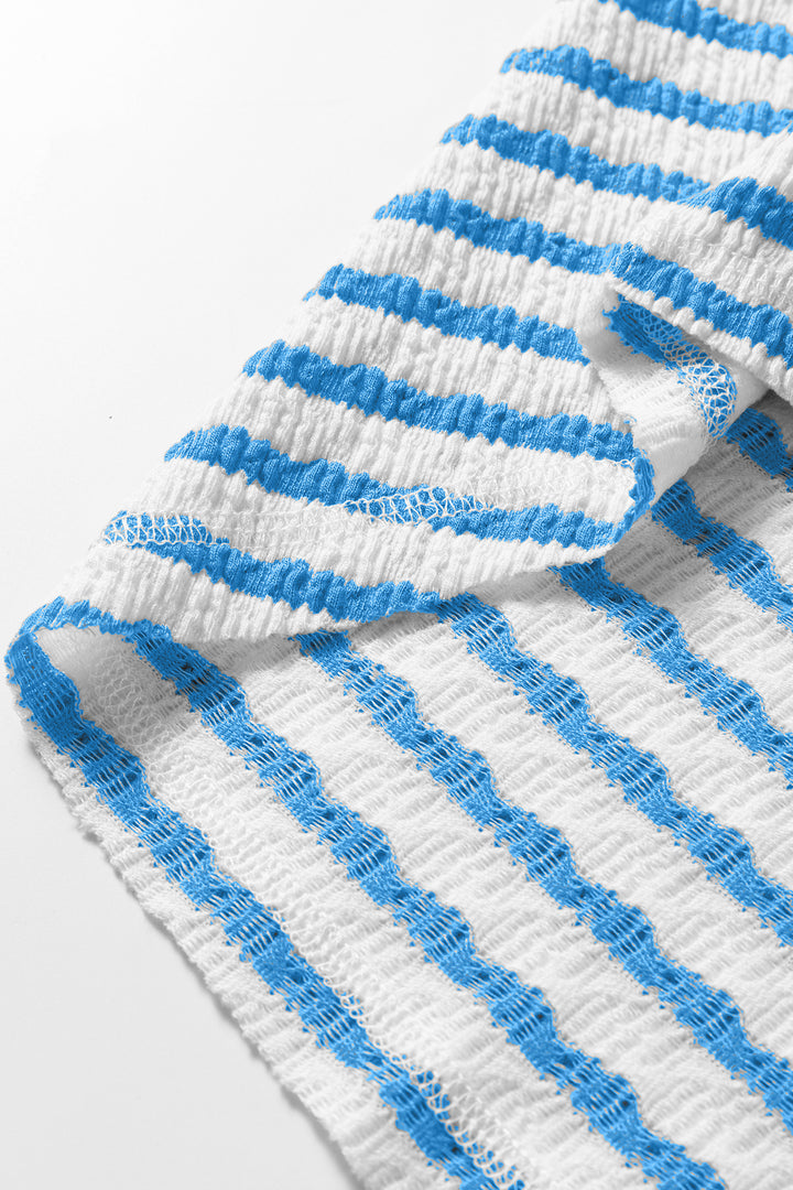Blue Stripe Textured Short Sleeve Patchwork T Shirt