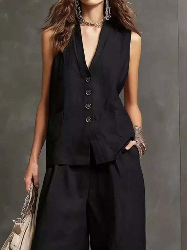 Full Size Sleeveless Vest and Wide-Leg Pants Set Plus SIze