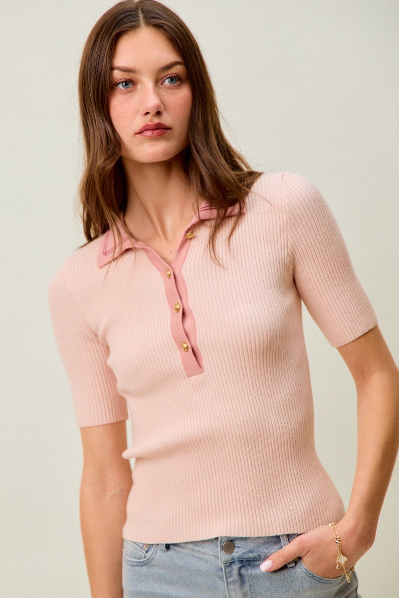 SO ME Contrast Collar Stretchy Rib Knit Short Sleeve Top
