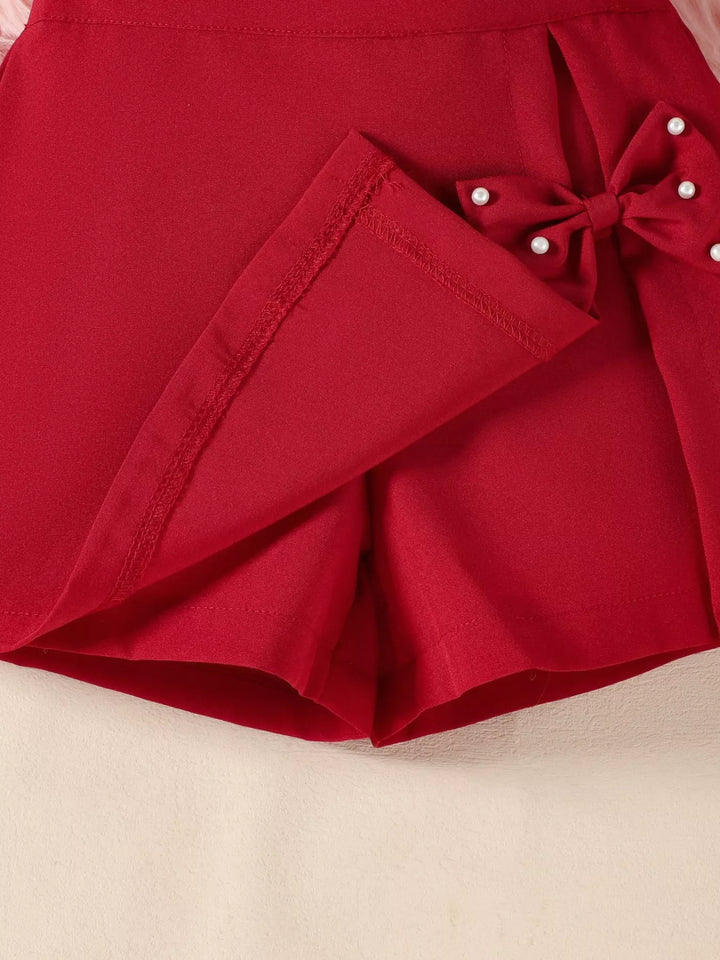 Children's Floral Applique Top & Bow Decor Skirt Set