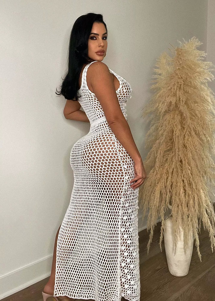 Sequin Embellished Crochet Maxi Dress with High Slit
