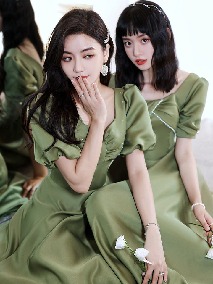 Avocado Green Sisters Group Dress Skirt Women Satin Spring