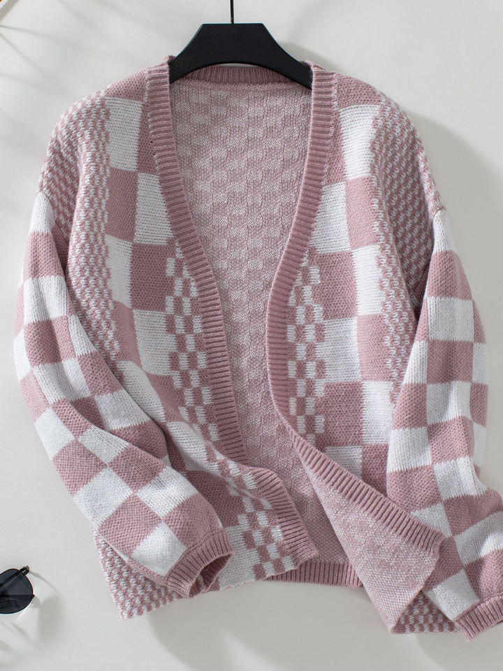 Back To School Sweater - Double Take Checkered Open Front Dropped Shoulder Cardigan