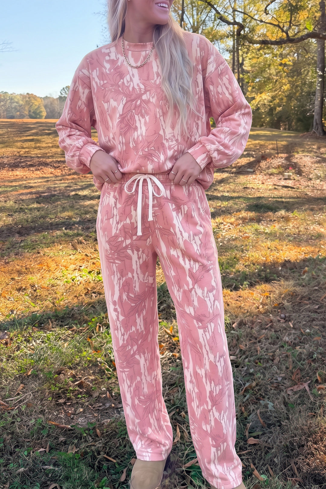 Pink Abstract Floral Print Loose Pullover Drawstring Pants 2pcs Set