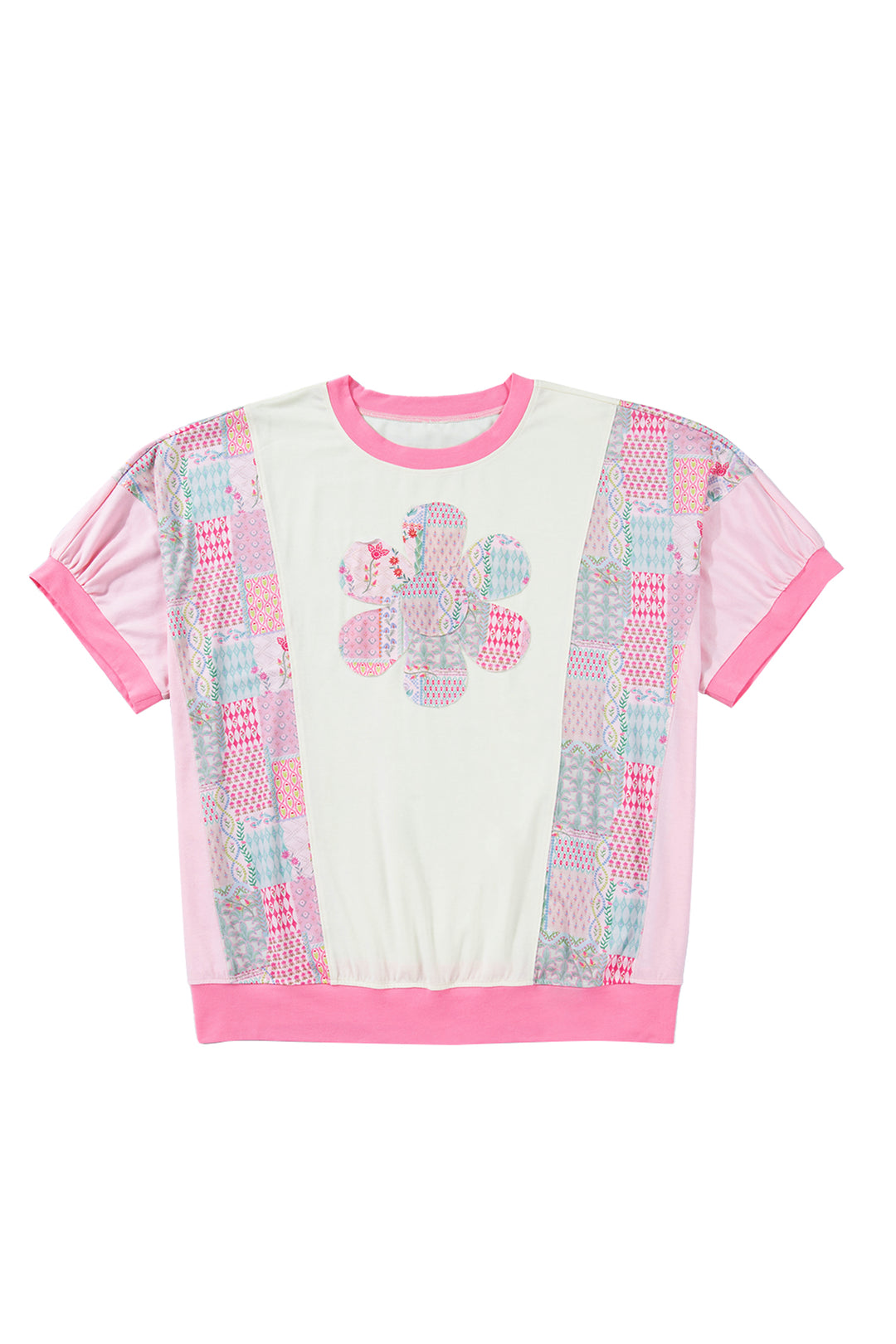 Beige Plus Size Floral Patchwork Short Sleeve Patch Embroidery Cotton T Shirt