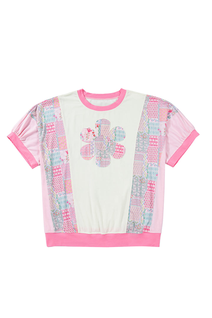 Beige Plus Size Floral Patchwork Short Sleeve Patch Embroidery Cotton T Shirt